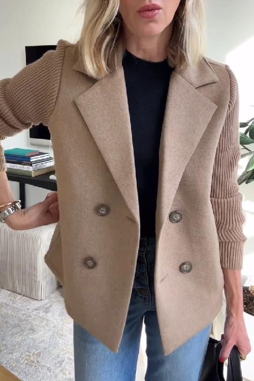 Women's brown double breasted blazer with knit sleeves