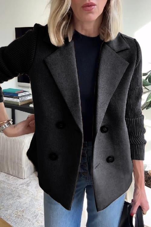 Women's black double breasted blazer with knit sleeves