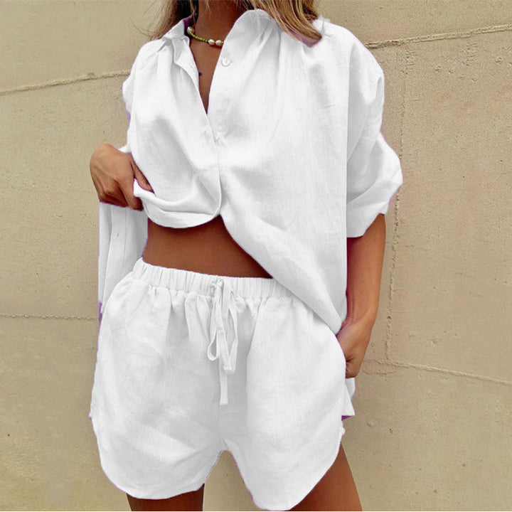 Linen co-ord set in white, oversized shirt and shorts