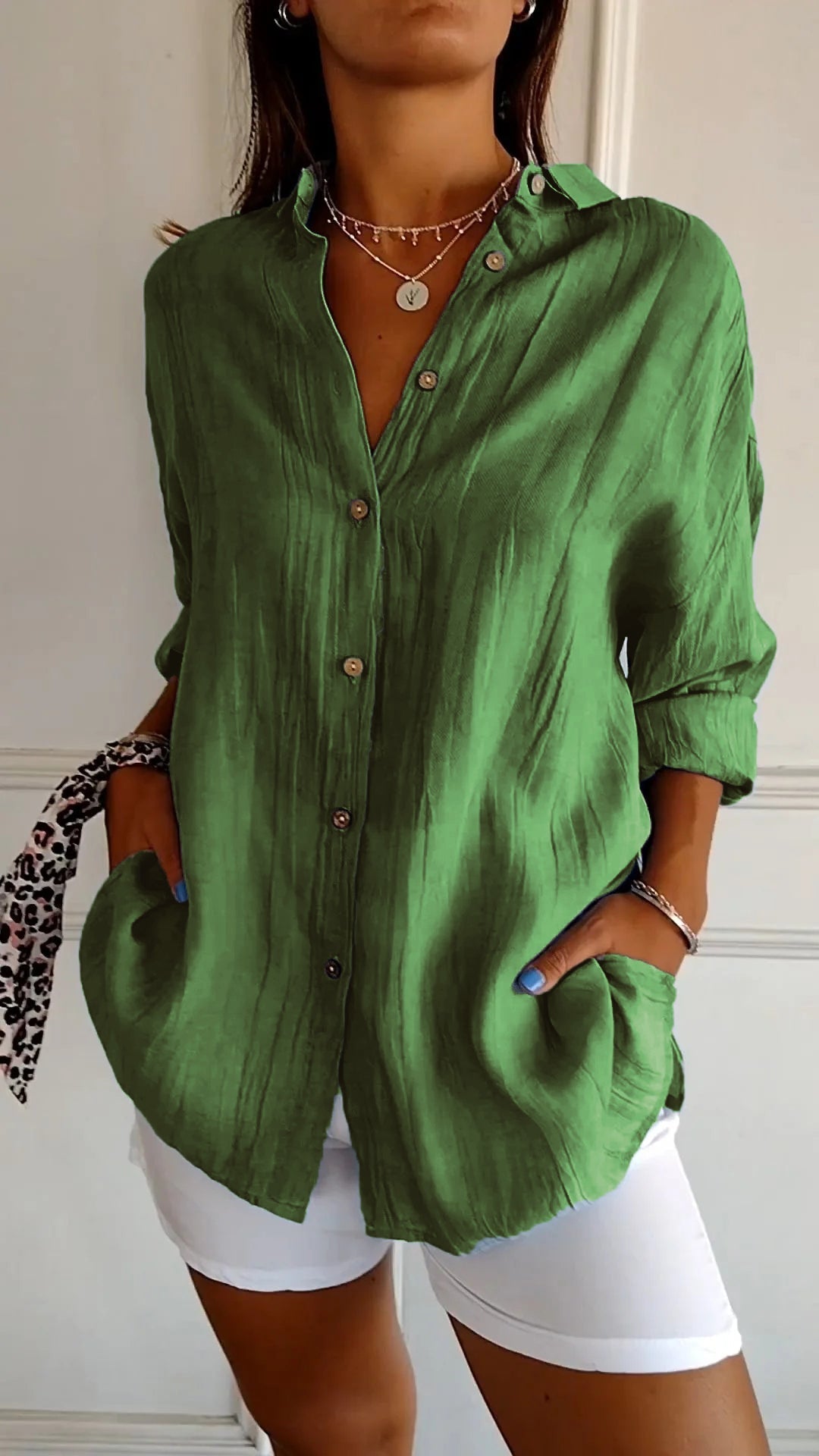 Women's green loose fit lightweight long sleeve button-up blouse