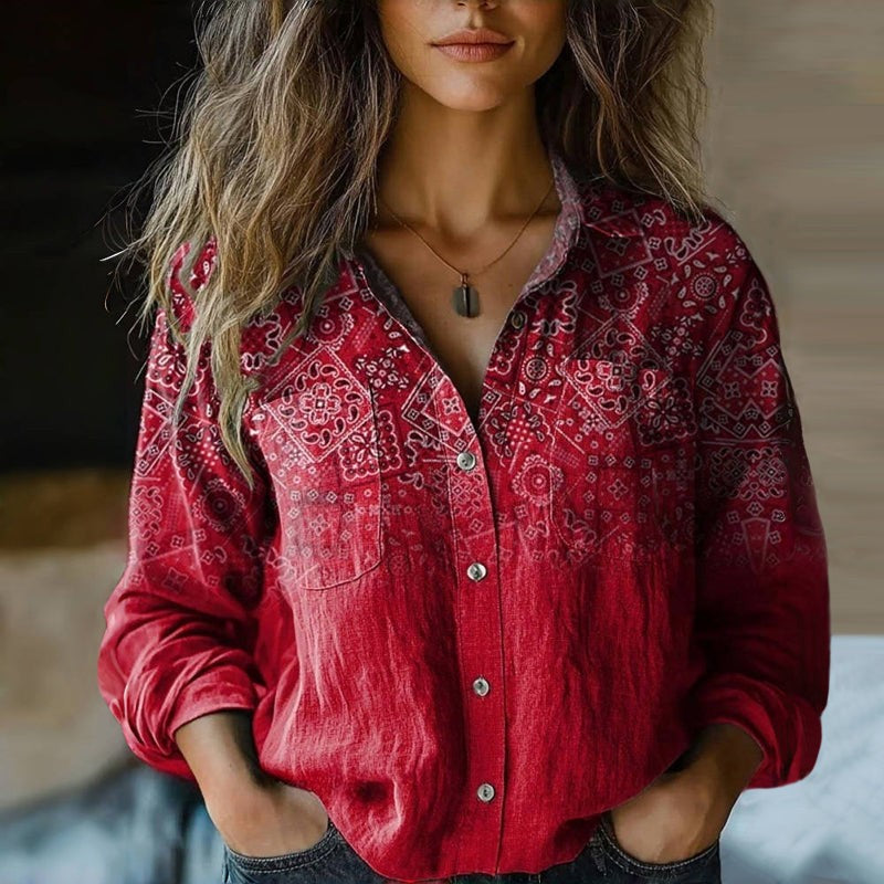 Womens Shirts | Boho Print | Button Front | Long Sleeve-Fashion Nora