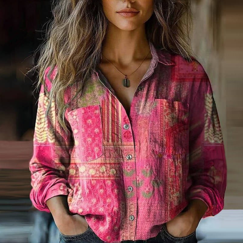Womens Shirts | Boho Print | Button Front | Long Sleeve-Fashion Nora